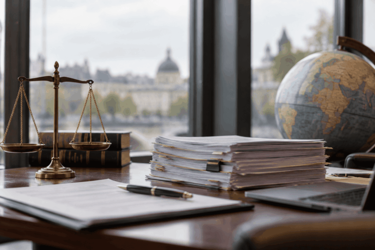 Featured image for the blog post: Law office with a scale and a globe